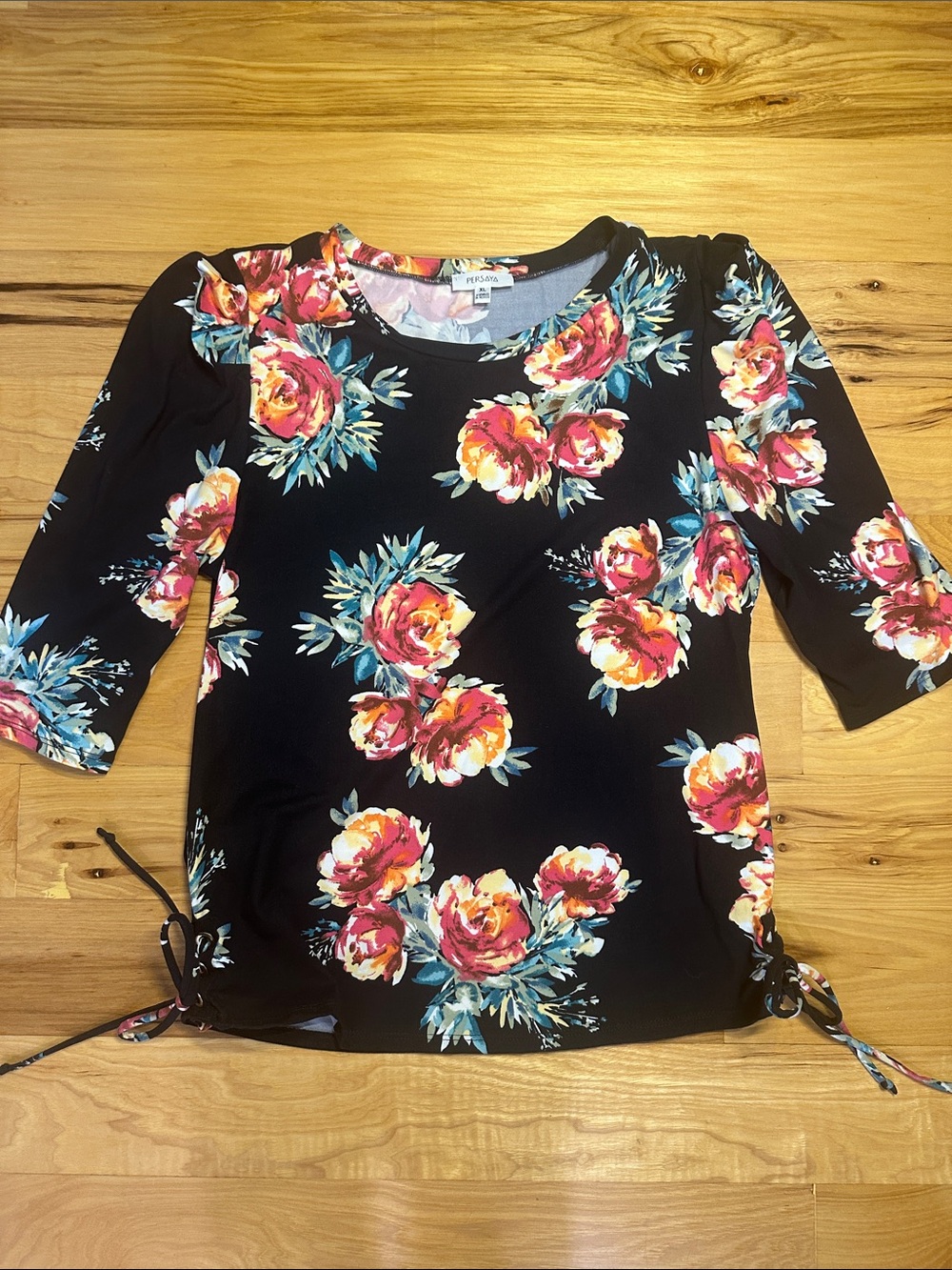 Persaya Floral Tie-Hem Women’s Top - Black with Pink & Yellow Blooms